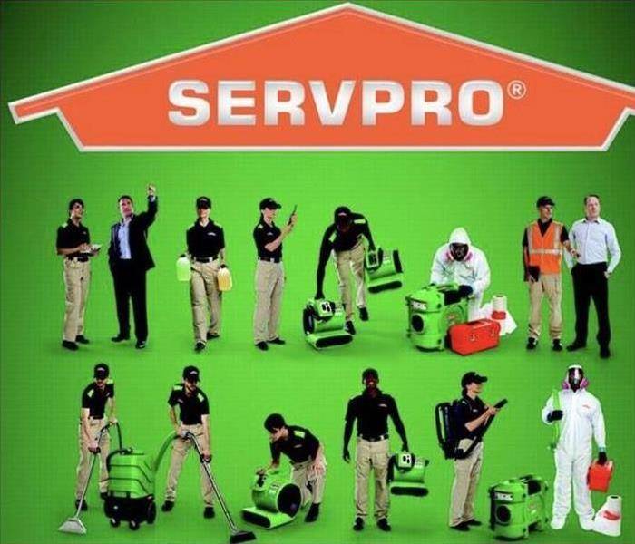images shows 14 SERVPRO men and women dressed in uniform depicting every service that we provide